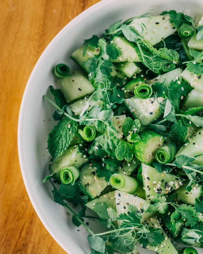 Cucumber salad with mint, cilantro, and sesame
